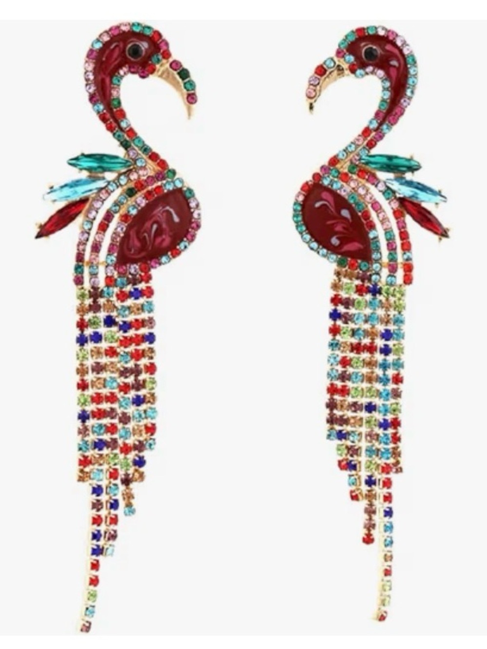 New Natasha Colorful Flamingo Drop Earrings - Red Multi-Color Crystal Fringe